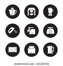 Kitchen electronics icons set. Modern home kitchen devices silhouette symbols. Kitchenware tools white illustrations on black circles. Meat grinder and electric kettle. Vector infographics elements