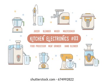 Kitchen electronics:Outline icons ,pictogram and symbol collection - food processor,meat grinder,hand blender,jucer,mixer,multicooker,for website,mobile application,banner,flyer,leaflet,Infographics.