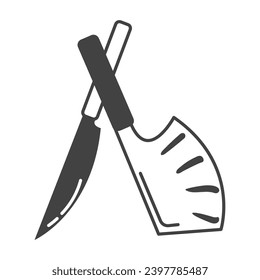 Kitchen element of black line set. A minimalist black outline illustration with a kitchen theme highlight sharp knives as the focal point. Vector illustration.