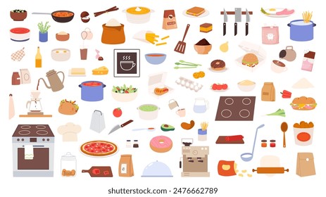 Kitchen elements. Food cooking equipment crockery and ingredients. Coffee maker stove spoon knife. Vegetables sandwiches pizza cookie vector big set