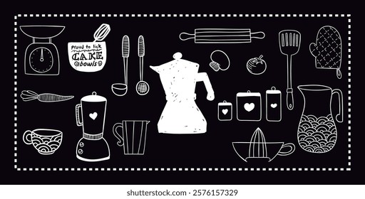 Kitchen elements outline in black and white