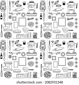 Kitchen elements pattern, restaurant lifestyle background. Editable and repeatable vector illustration file. Can be used as wallpaper, print, wrapping paper, packaging etc.