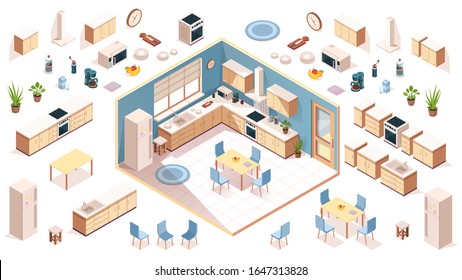 Kitchen elements for room design. Constructor elements of kitchenware utensil, appliance, items. Isometric shelf, oven, milk, fruit plate, fridge, washbasin, plant, table, chair. Furniture for cooking