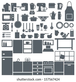 Kitchen elements silhouette icons set