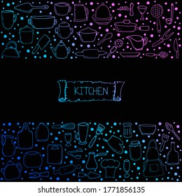 Kitchen elements.Ladle, pot, fork, teapot, board, vase, mug, plate on a black background. Vector isolated illustration with kitchen accessories. 