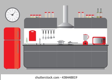 Kitchen Elevation with  Cabinets Fridge Hood Microvawe. Flat Vector Interior Design in Red Grey and White Color