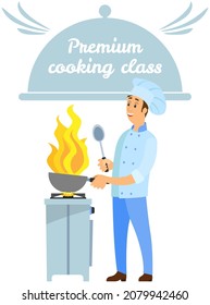 Küchenemblem, Esszimmer-Studiolabel. Der Küchenchef führt Kochkurse durch. Handgezeichnete Schrift für erstklassige Kochkunst. Mann, der ein Gericht in Brand bereitet, mit Küchenausstattung arbeitet, Braten