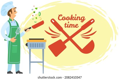 Kitchen emblem, food studio label. Chef conducts culinary class about cooking. Hand drawn lettering for premium cooking masterclass. Man preparing dish, working with kitchen equipment, cooking time
