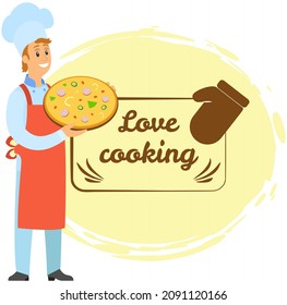 Kitchen emblem, food studio label. Chef conducts culinary class about cooking. Hand drawn lettering for premium cooking masterclass. Man preparing dish, working with kitchen equipment, pizza