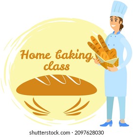 Kitchen emblem, food studio label. Chef conducts culinary class about cooking. Hand drawn lettering premium cooking masterclass. Woman preparing dish, working with kitchen equipment, home baking class