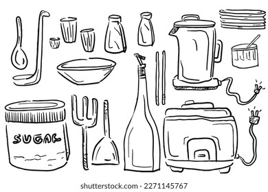 equipo de cocina accesorios línea dibujada a mano línea ilustración colección de arte