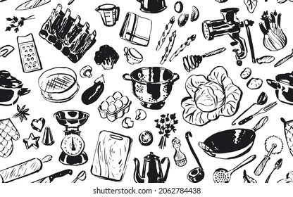 Kitchen equipment background, cookbook seamless pattern, culinary tools and supplies