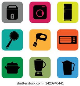Kitchen equipment black icon set - rice cooker, washing machine, refrigerator, frying pan, blender, oven, pot, blender, teapot black icon.- vector