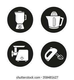 Kitchen equipment black icons set. Multi speed blender, meat-mincer, hand mixer and juicer symbols. Kitchenware electronic items. Cooking tools. White silhouettes illustrations. Vector logo concepts