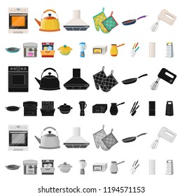 Kitchen equipment cartoon icons in set collection for design. Kitchen and accessories vector symbol stock web illustration.