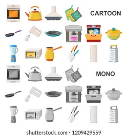 Kitchen equipment cartoon icons in set collection for design. Kitchen and accessories vector symbol stock web illustration.