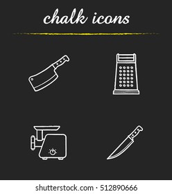 Kitchen equipment chalk icons set. Butcher's chopper, grater, meat grinder, knife. Isolated vector chalkboard illustrations