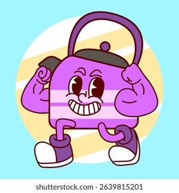 kitchen equipment character illustration, this character is a purple teapot