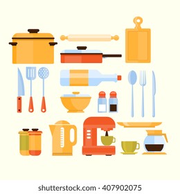Kitchen Equipment Collection Of Flat Cartoon Style Isolated Vector Icons On White Background