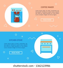 Kitchen equipment concept flyer templates in flat style. Coffee maker and stove appliances symbols. Vector illustration with place for text.