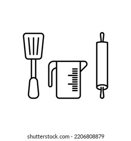 Kitchen equipment, cooking accessories. EPS 10.. Isolated outline icons set... Kitchen tools signs. Lot of cooking tool. Kitchenware collection badge. Contain such spatula, measuring cup, rolling pin
