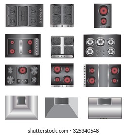 Kitchen Equipment, Electric Stove Top View Set 4 For Interior , Vector Illustration