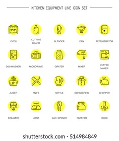 Kitchen equipment flat icon set. Collection of high quality outline symbol of kitchen devices for web design, mobile app. Vector thin line vector icons or logo of oven, blender, dishwasher, pan, etc.