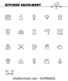 Kitchen equipment flat icon set. Collection of high quality outline symbol of kitchen devices for web design, mobile app. Vector thin line vector icons or logo of oven, blender, dishwasher, pan, etc.