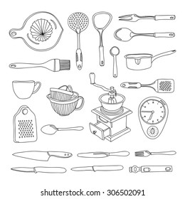 Kitchen equipment in hand drawn style: pan, coffee mill, tableware