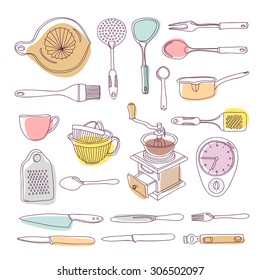 Kitchen equipment in hand drawn style: pan, coffee mill, tableware