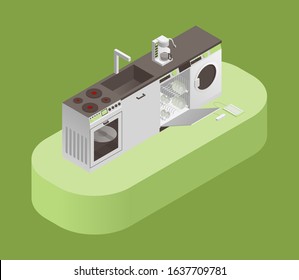 Kitchen equipment and household appliances vector isometric illustration. Washing machine, dishwasher machine, filled with clean plates, coffee machine and electric cooker concept.