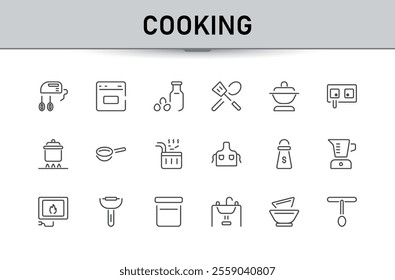 Kitchen equipment icon set. Cooking and Kitchen related minimal icon set. Knife, chopping board, cup, beater, salt, oven, glove and more.