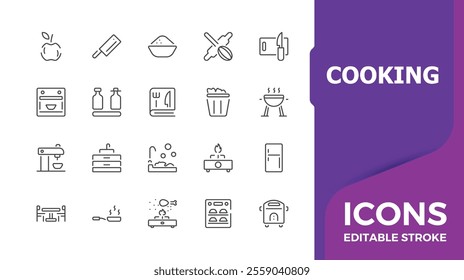 Kitchen equipment icon set. Cooking and Kitchen related minimal icon set. Knife, chopping board, cup, beater, salt, oven, glove and more.