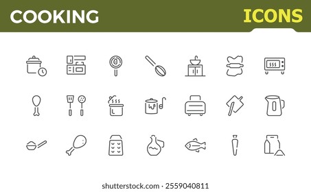 Kitchen equipment icon set. Cooking and Kitchen related minimal icon set. Knife, chopping board, cup, beater, salt, oven, glove and more.