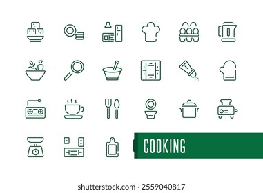 Kitchen equipment icon set. Cooking and Kitchen related minimal icon set. Knife, chopping board, cup, beater, salt, oven, glove and more.