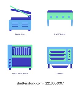 Kitchen equipment icon set in flat style. Grill, toaster and steamer symbols. Vector illustration.