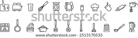 Kitchen equipment icon set. Kitchen knife, chopping board, measuring cup, beater, salt, oven glove etc.