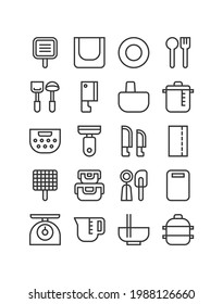 Kitchen Equipment Icon Set. Utensil And Cookware For Cooking. Cast Iron Pan, Steamer Pot, Ice Cream Scoop, Knife, And More. Vector Illustration, Outline Style, Editable Stroke.