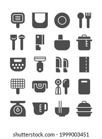 Kitchen Equipment Icon Set. Utensil And Cookware For Cooking. Cast Iron Pan, Steamer Pot, Ice Cream Scoop, Knife, And More. Vector Illustration, Solid Style.