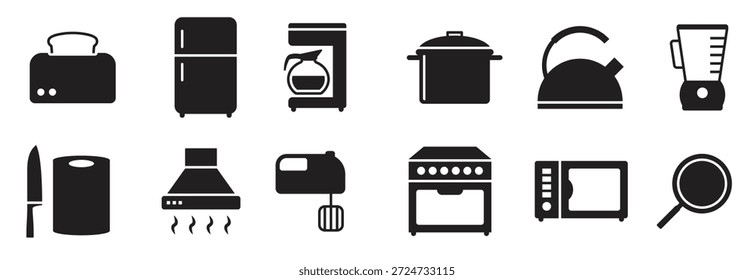 Iconos del equipo de cocina fijados negros sobre un fondo blanco