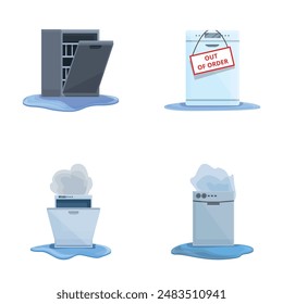 Kitchen equipment icons set cartoon vector. Broken household dishwasher. Repair maintenance