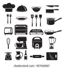 Kitchen Equipment Icons Set, Monochrome, Appliance, Crockery, Cooking, Cuisine, Food, Bakery