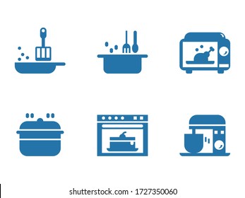 Kitchen equipment manchine icon set , fried pan, boiled pot with fork and spoon, rosted chicken in microwave, steam pot, baked cake in oven and mixer blender prepare ingredient for desserts.