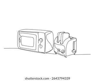 Equipamento de cozinha, micro-ondas e torradeira esboço desenho ilustração. um desenho de linha contínua de micro-ondas e torradeira.
