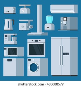 Kitchen equipment object set: fridge, toaster, coffee machine, washing machine, air conditioner, meat Mincer, microwave, kettle. Vector illustration trendy flat style design
