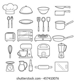 Kitchen Equipment Outline Icons Set, Appliance, Crockery, Cooking, Cuisine, Food, Bakery