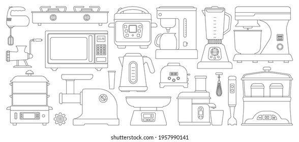 Kitchen equipment outline vector set icon. Isolated outline set icon household appliance. Vector illustration kitchen equipment on white background.