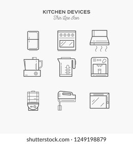 Kitchen equipment, refrigerator, mixer, foster, thin line color icons set, vector illustration