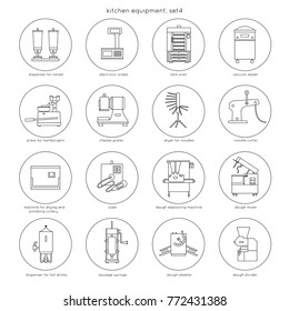 Kitchen equipment for restaurants and cafes: dispenser for cereal, electronic scales, rack oven, vacuum sealer, press for hamburgers, cheese grater, scaler, dough mixer.  Set 4. Linear round icons.
