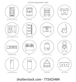 Kitchen equipment for restaurants and cafes: refrigerated showcase, dishwasher, rice cooker, fryer, bain-marie for soup, cauldron, chafing dish, freezer. Set 3. Linear round icons.